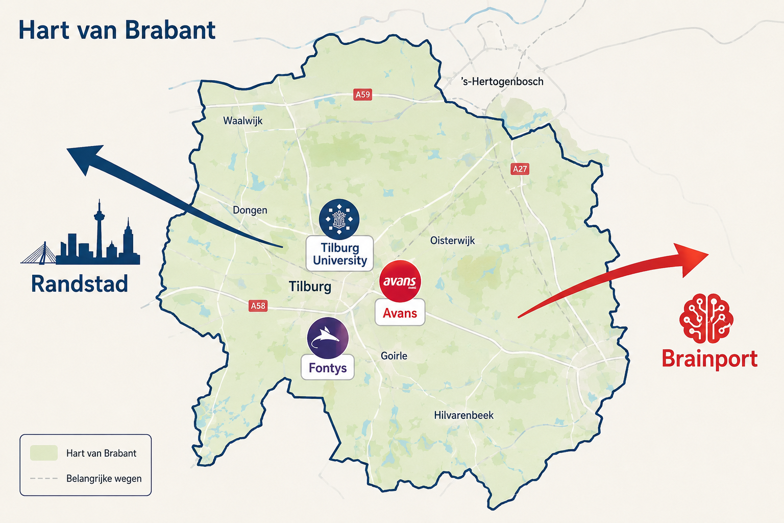 Kaart Hart van Brabant met onderwijsinstellingen